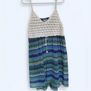 Crochet Bodice Chevron Summer Dress-L-Mixed Media Boho Coastal Cover Up Beachy